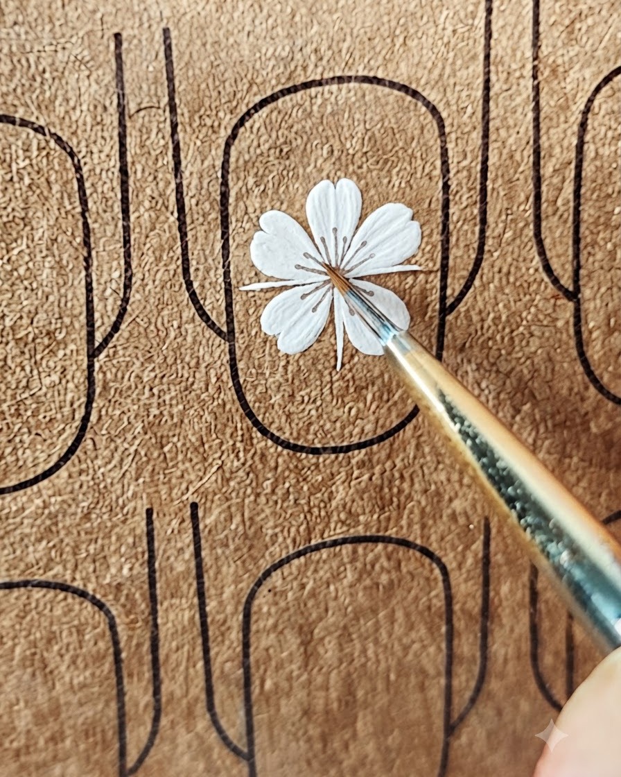 Un pennello per nail art che aggiunge più petali bianchi attorno a un punto centrale su un modello per unghie.