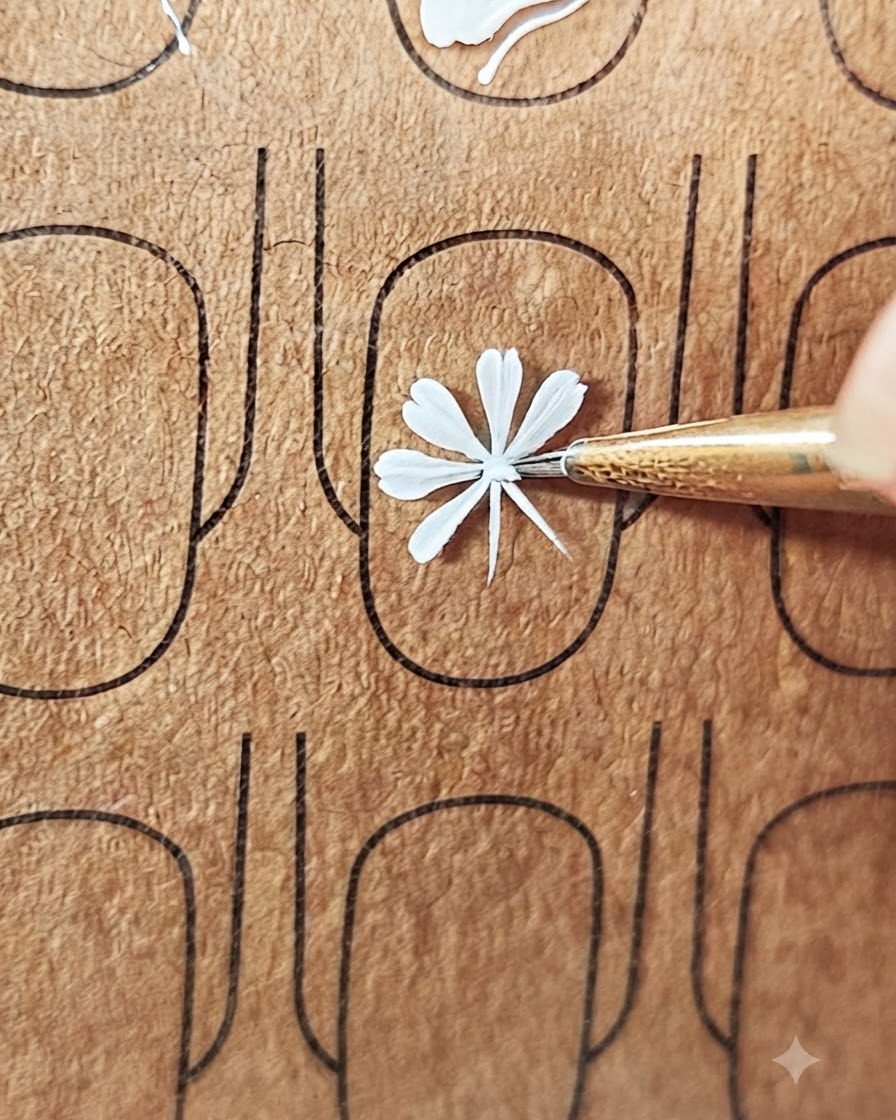Primo piano di un pennello per nail art che dipinge i petali finali di una margherita bianca.