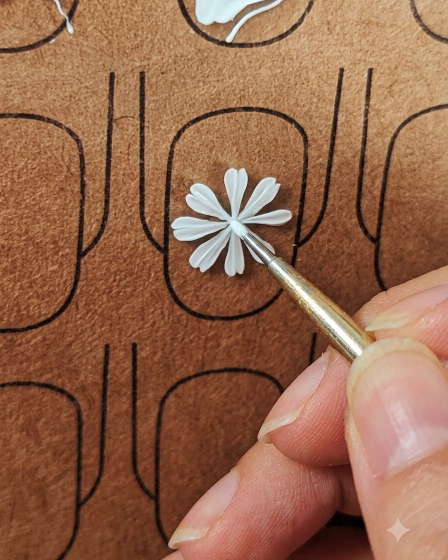 Uno strumento di dotting che posiziona un piccolo punto giallo al centro dei petali di margherita dipinti di bianco.