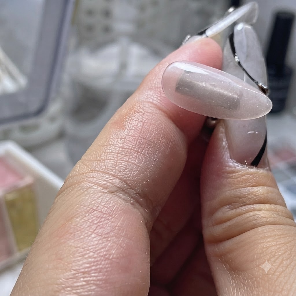 Nastro adesivo trasparente utilizzato per sollevare la polvere dalla superficie di una spugnetta per trucco pulita.