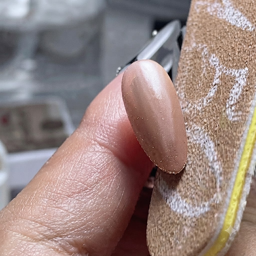 Un pennello applica uno strato di gel base trasparente su una superficie ungueale colorata.