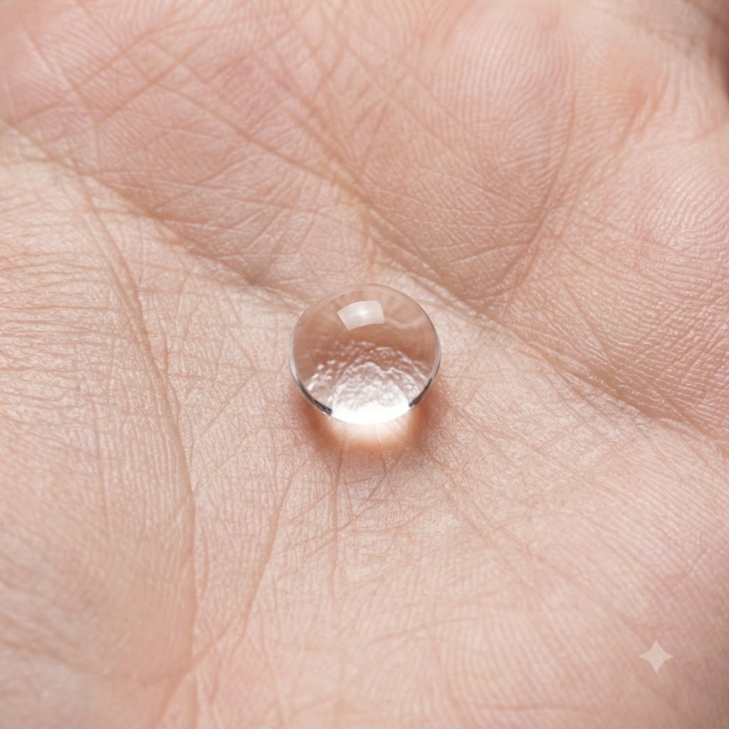 Una pallina perfettamente rotonda di gel soft candy trasparente posata su una superficie della pelle strutturata.