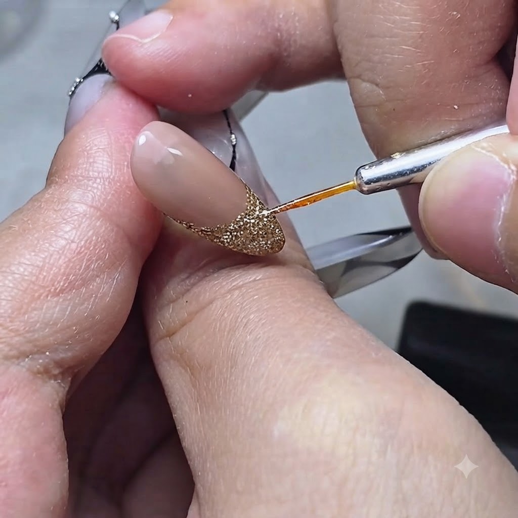 Una sottile ciocca di capelli tenuta vicino a uno strumento per unghie per lapplicazione dettagliata della nail art.