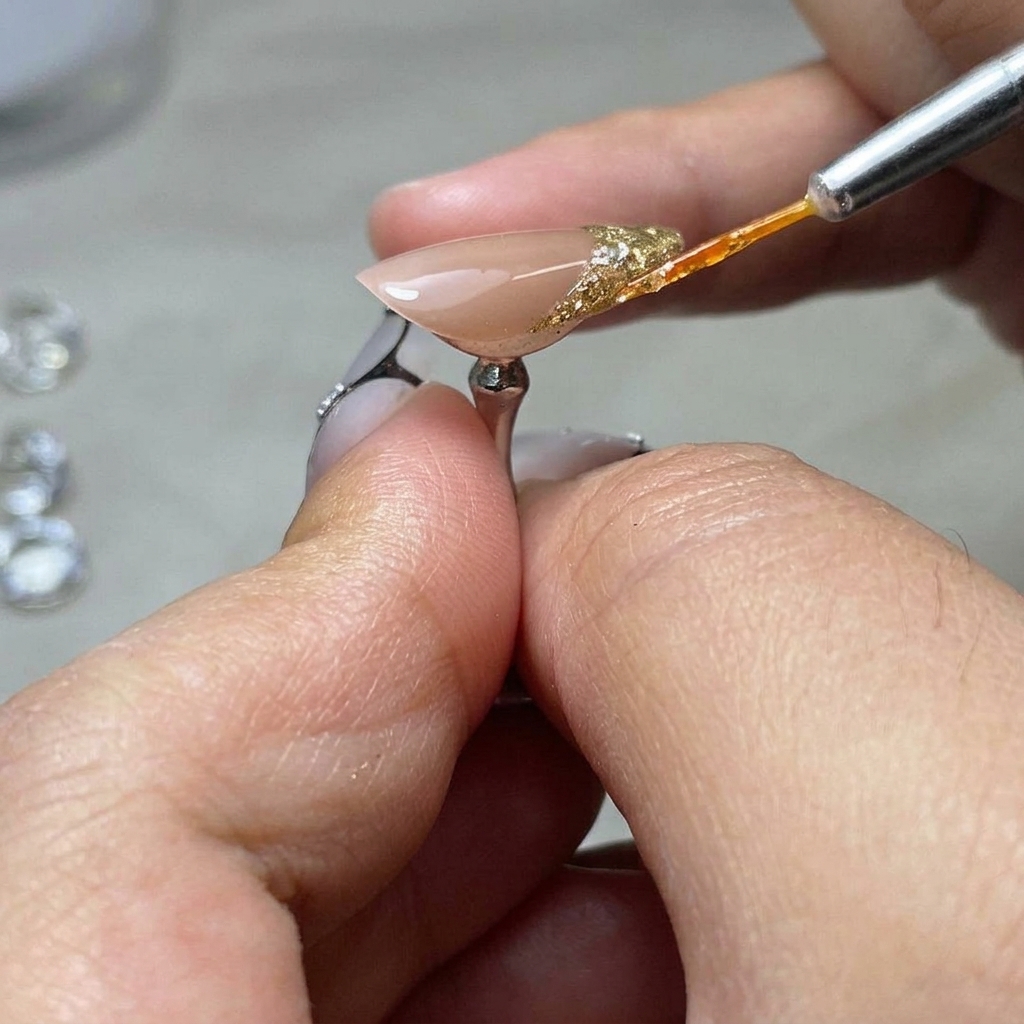 Ununghia con un design a griglia di diamanti 3D in fase di polimerizzazione sotto la luce di una lampada.