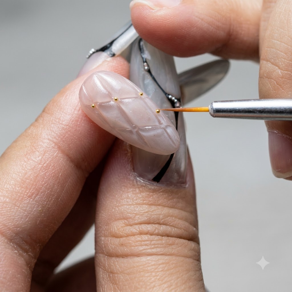Uno scatto dettagliato di un pennello fine che traccia il bordo netto di ununghia French tip.