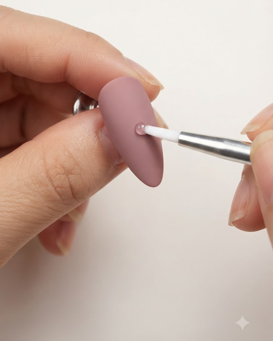 Un pennello sottile applica un singolo tratto bianco a forma di goccia su ununghia rosa malva opaca.