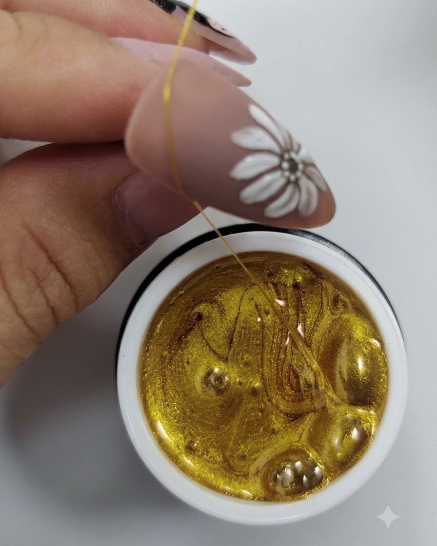 Un pennello sottile che tira un sottile filo di gel dorato su ununghia color carne con design a margherita bianca.