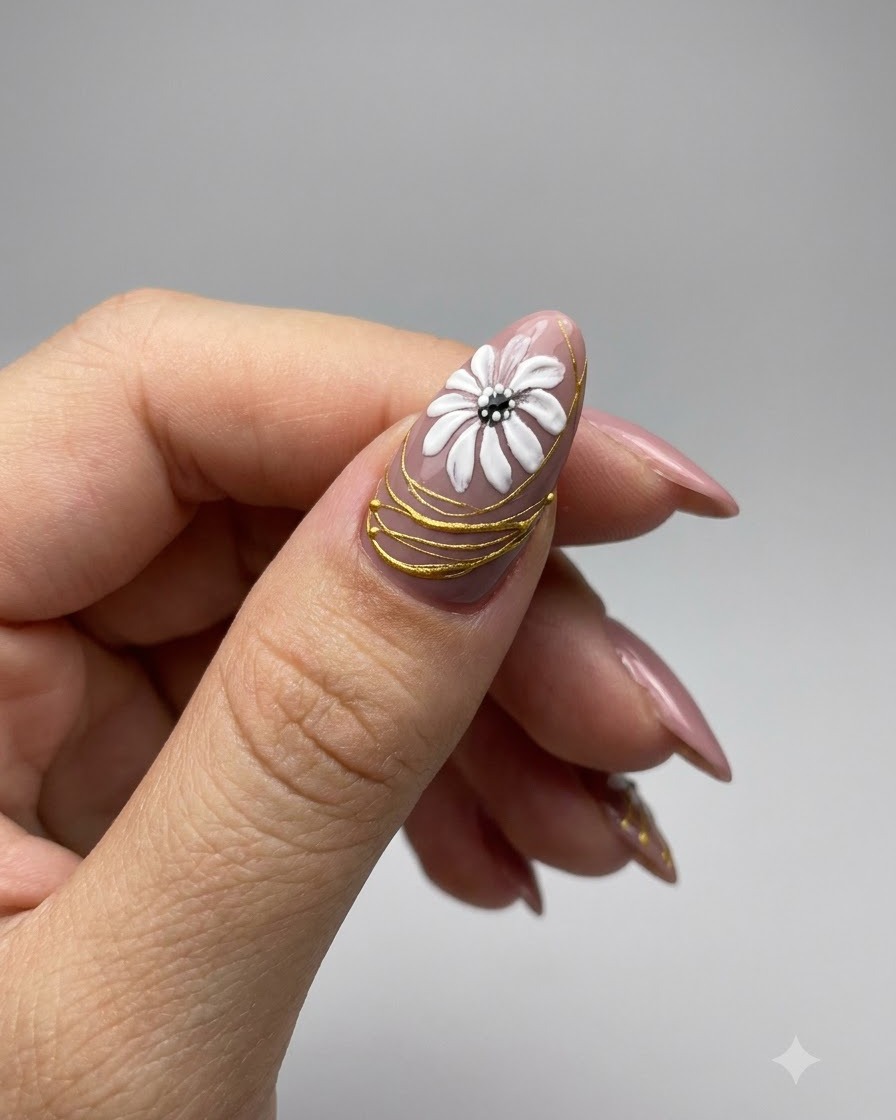 Primo piano di ununghia curata che mostra scritte in corsivo bianco dipinte su delicate linee in gel dorato.