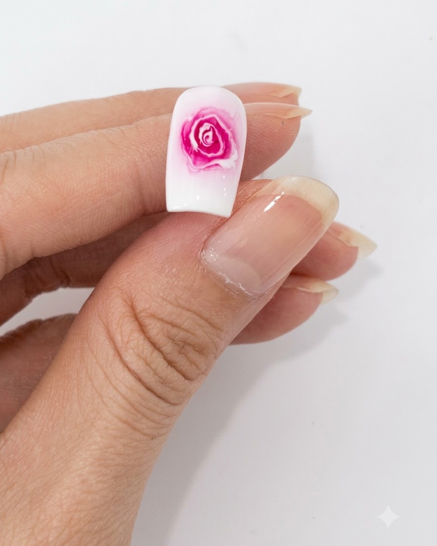 Primo piano di una mano che posiziona ununghia decorata sotto il glow rosa di una lampada UV LED per unghie.