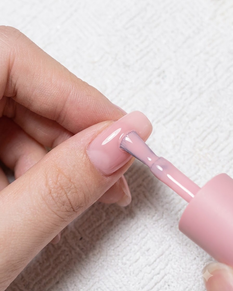Un pennello da unghie applica uno smalto gel rosa-nude chiaro su ununghia naturale.