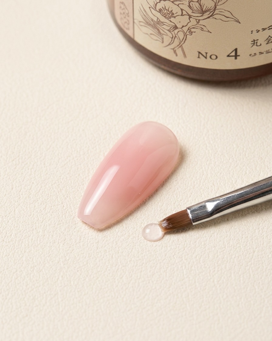 Un pennello per nail art posizionato vicino a una goccia di blooming gel trasparente su uno sfondo strutturato accanto a una bottiglia di prodotto etichettata No 4.