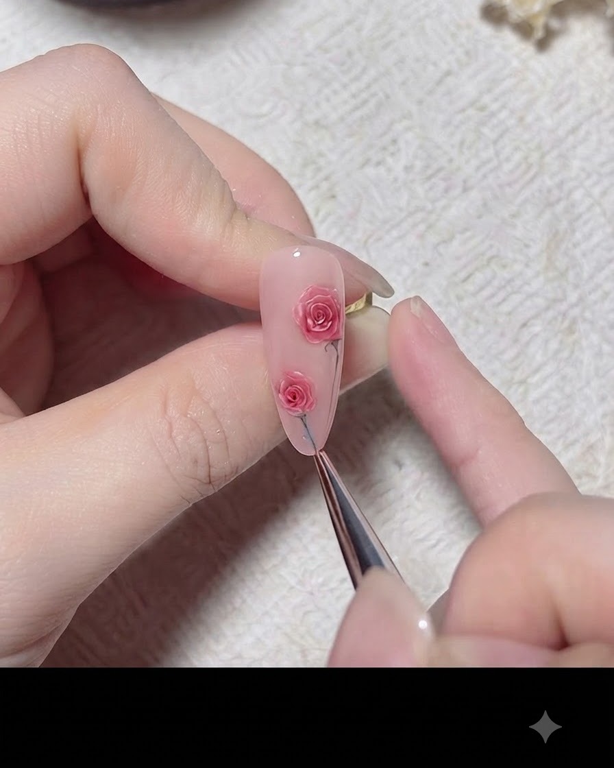 Un pennello fine dipinge un sottile stelo verde e una foglia che collega la nail art con la rosa rosa su ununghia.