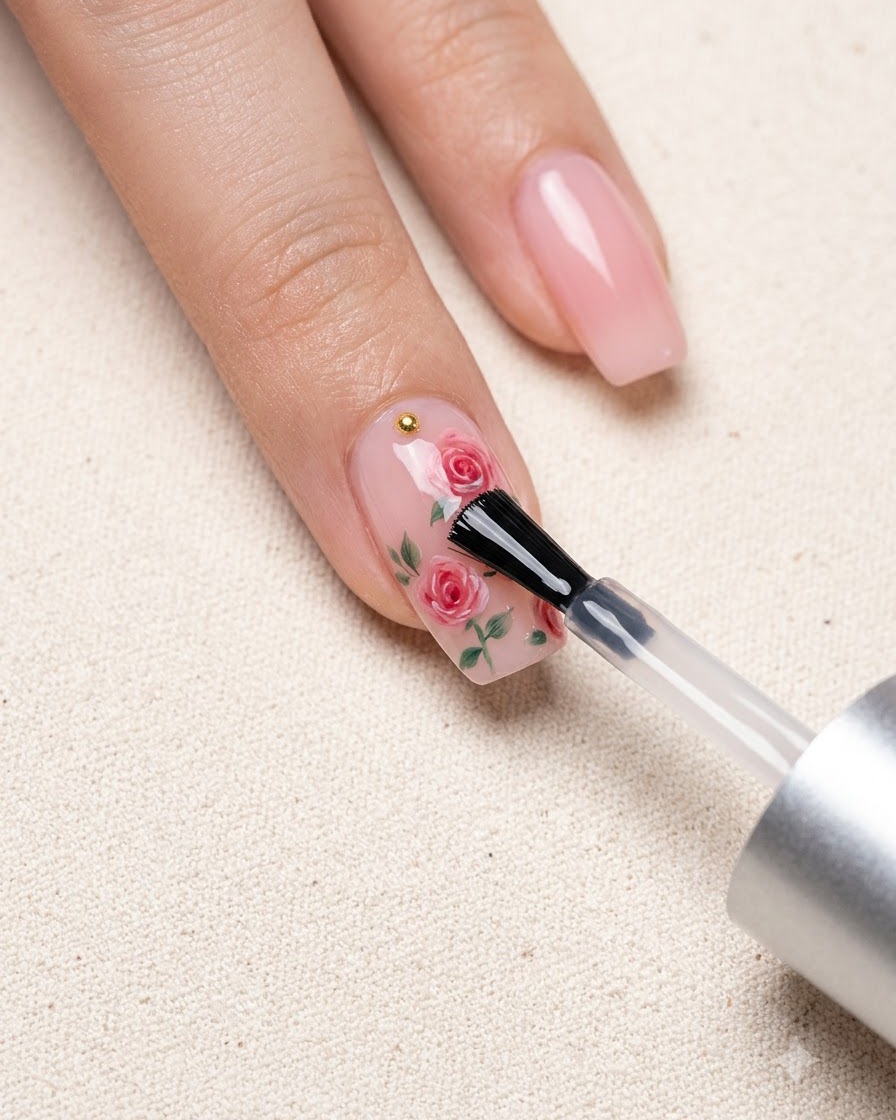 Un pennello applica un top coat trasparente sopra un design di nail art floreale.