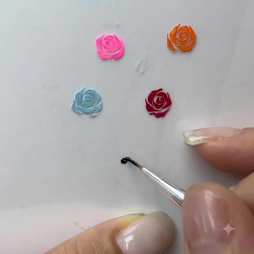 Un primo piano di una mano che tiene un pennello liner fine, disegnando linee curve per formare i petali di rosa su una superficie bianca.