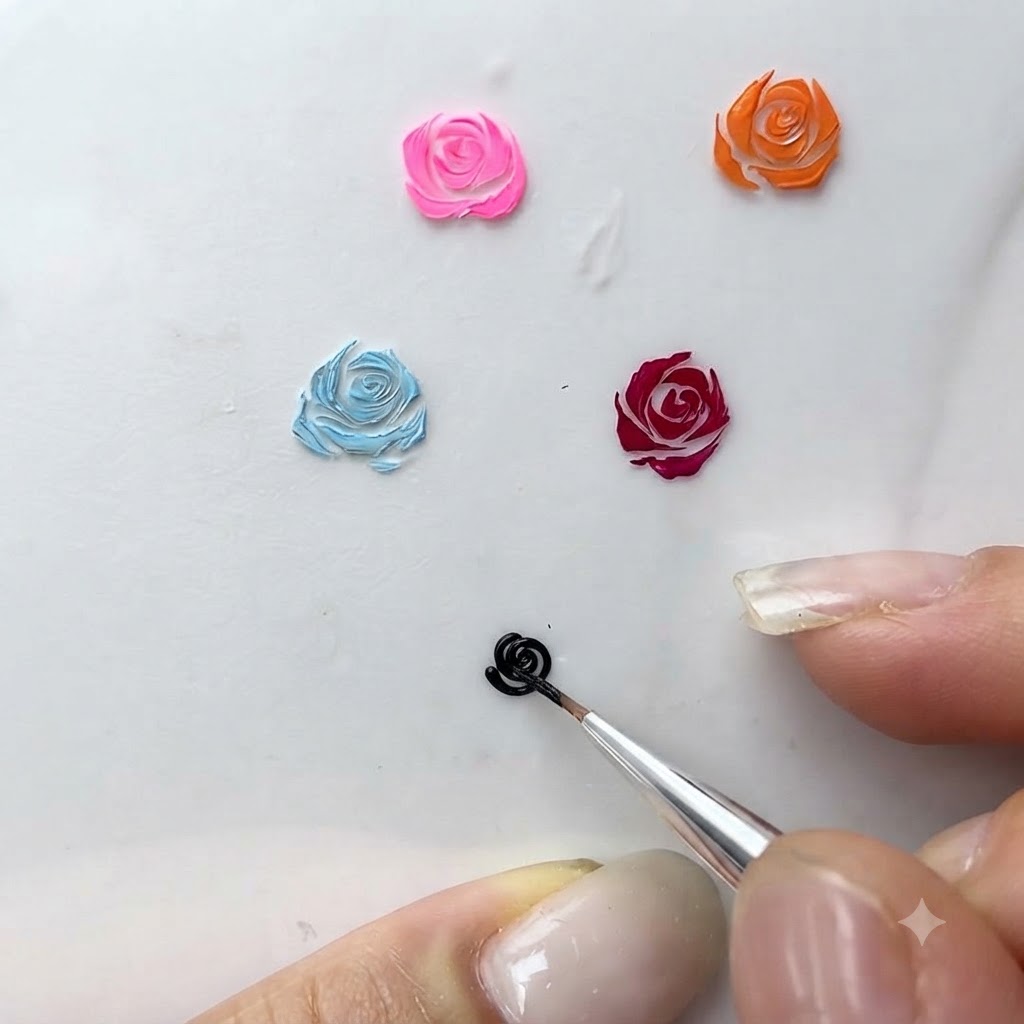 Un primo piano ravvicinato di un pennello sottile che aggiunge tratti curvi e ampi attorno a una rosa in gel in miniatura.