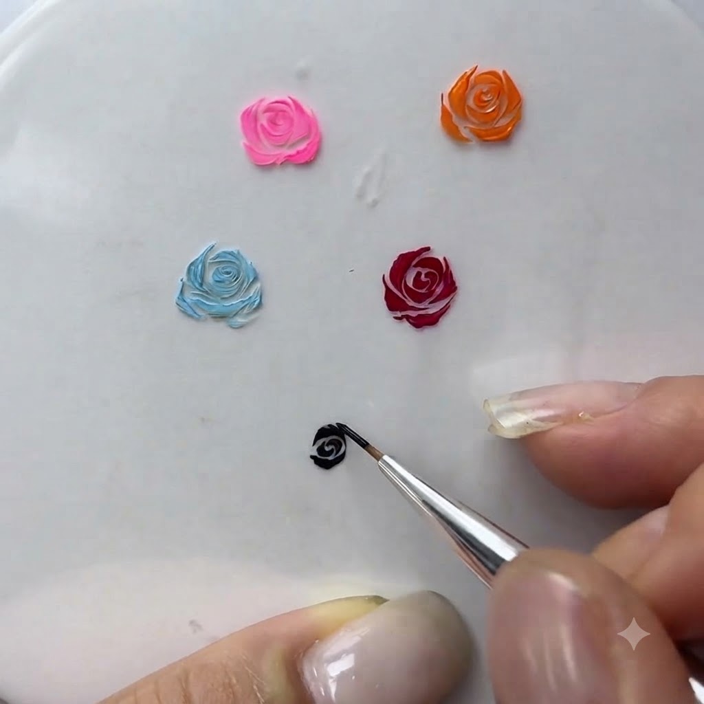 Unimmagine ravvicinata che mostra un pennello sottile che riempie i piccoli spazi tra i petali in gel dipinti.