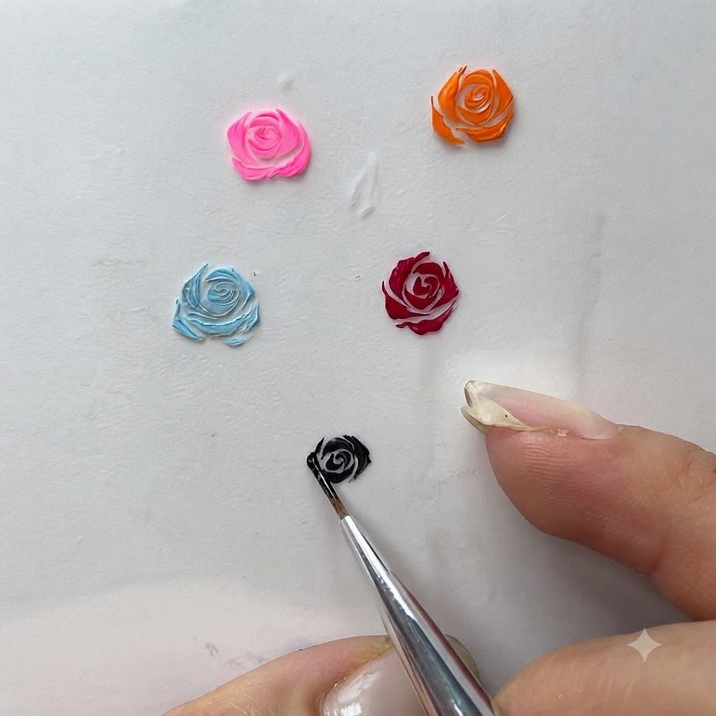 Un primo piano di un pennello liner che rifinisce meticolosamente i bordi esterni di un design di rosa in gel dipinta.