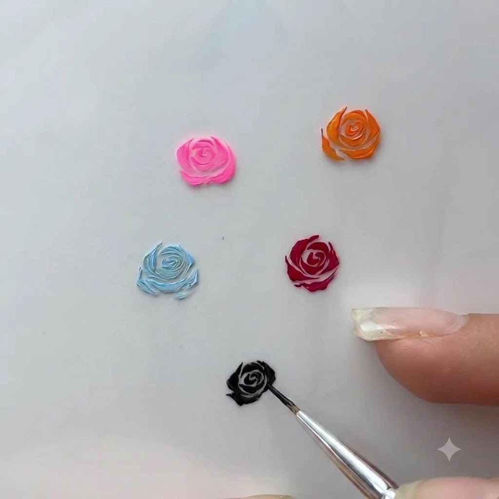 Un pennello sottile per dettagli di nail art che delinea le scure curve della spirale interna su un piccolo design di rosa dipinta in gel.