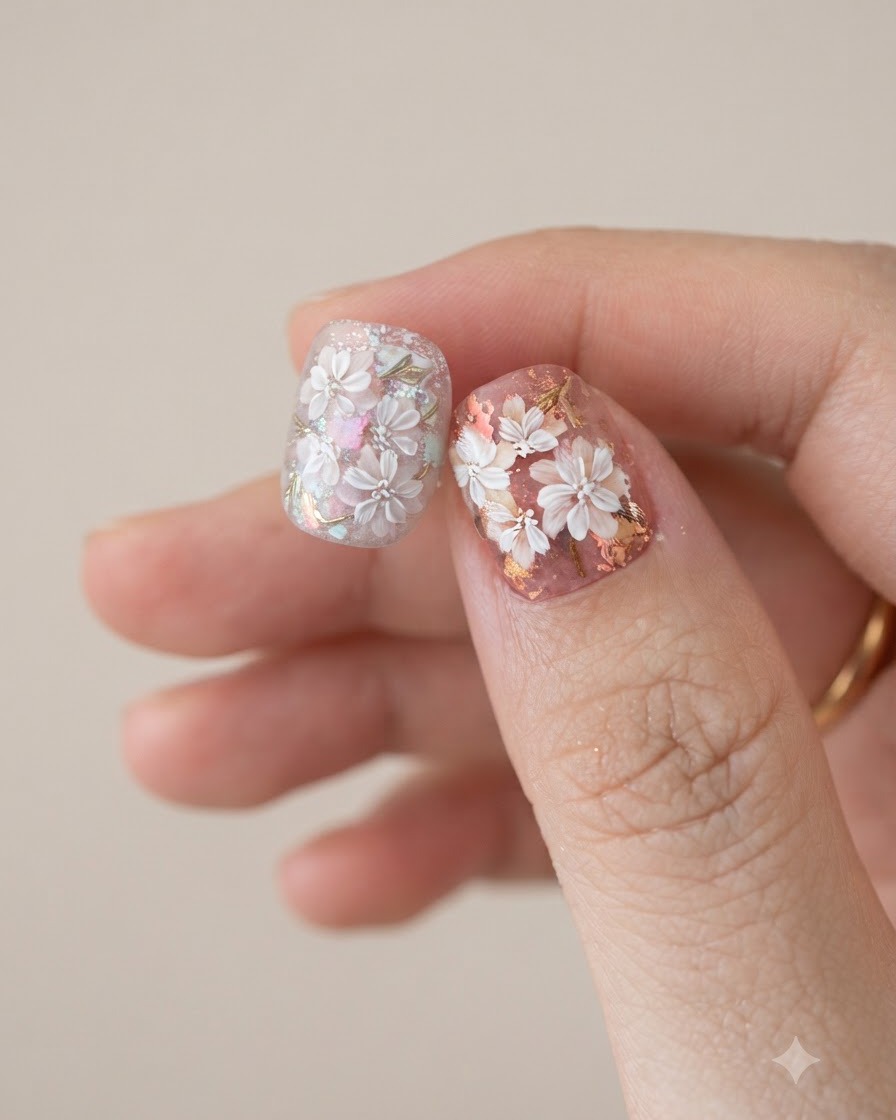 Un pennello liner fine dipinge contorni di foglie dettagliati con gel colorato vicino ai fiori bianchi.