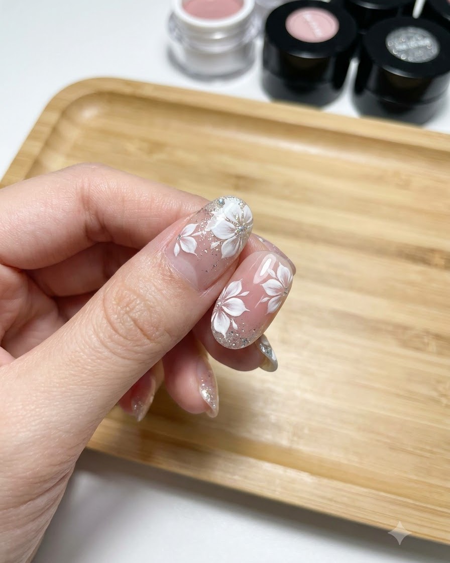 Un pennello per dettagli fini applica piccoli punti bianchi al centro dei fiori dipinti in bianco su ununghia in gel naturale.