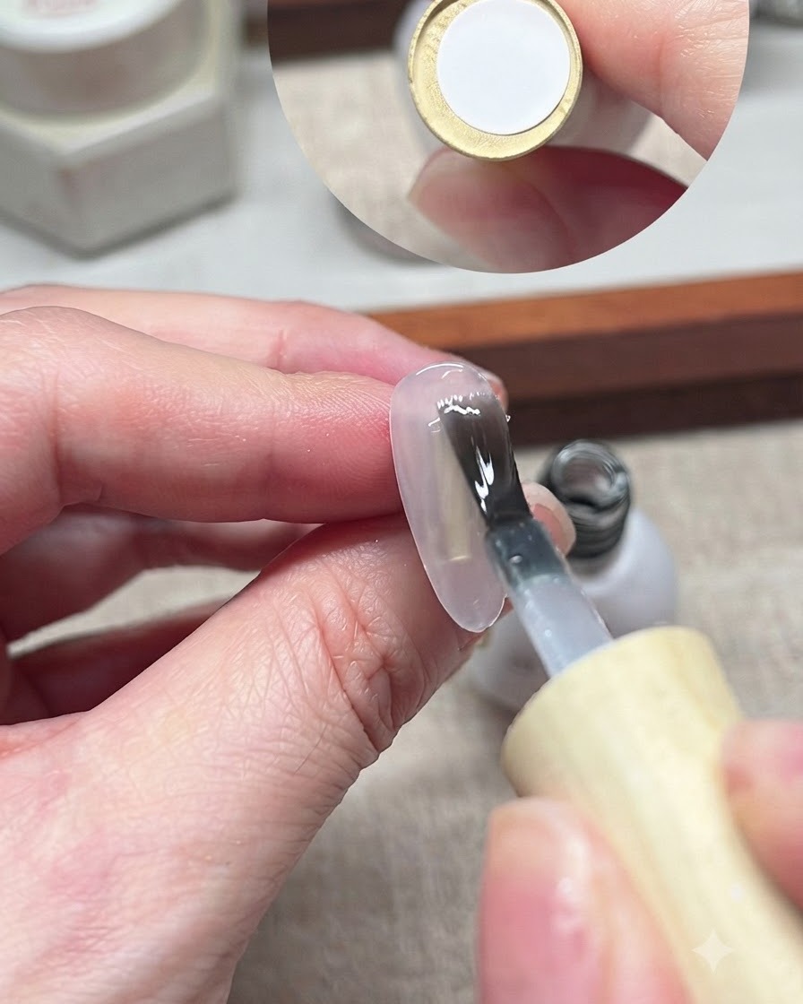 Un pennello applica uno strato di blooming gel trasparente su una tip per unghie.