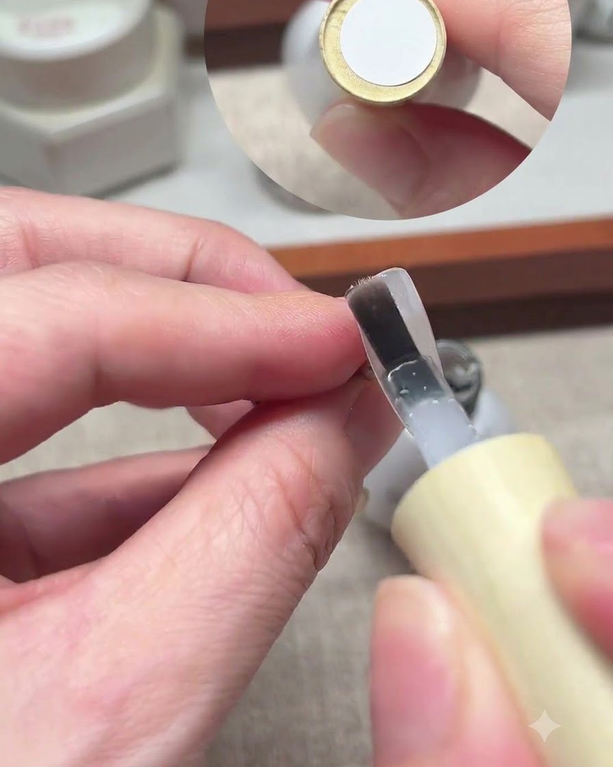 Un dotting tool che trattiene una goccia di gel rosso sopra ununghia.