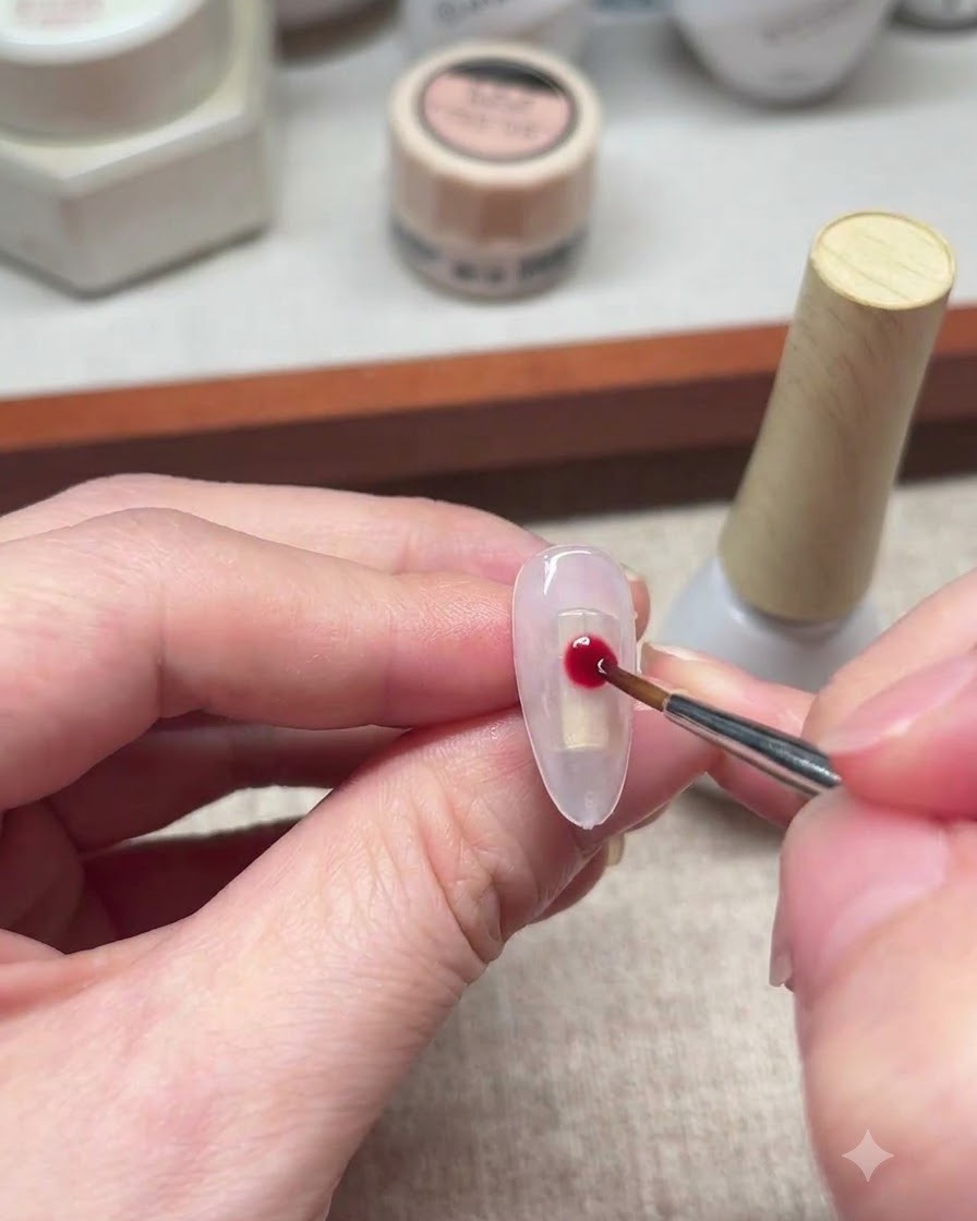 Un pennello liner sottile che si intinge nel gel polish bianco.