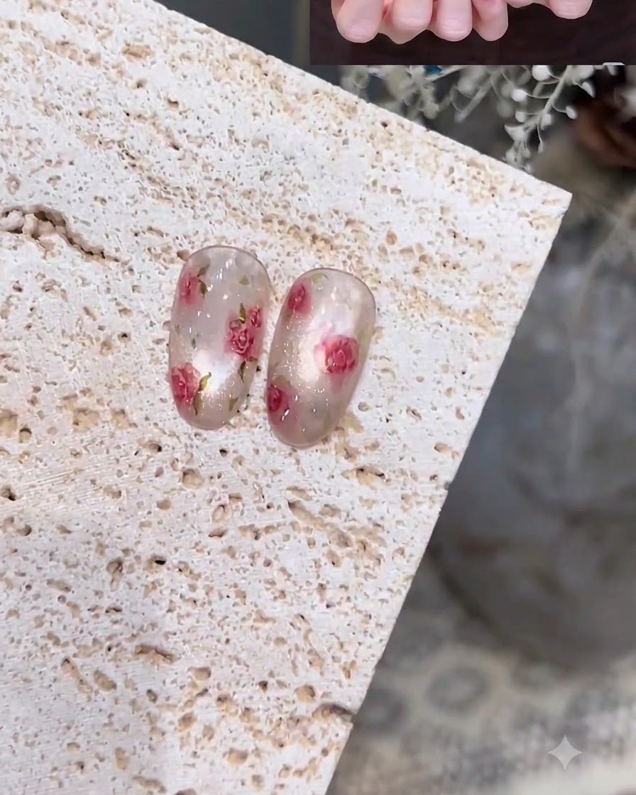 Primo piano di una mano che utilizza un pennello a punta fine per dipingere contorni delicati su ununghia traslucida color latte.