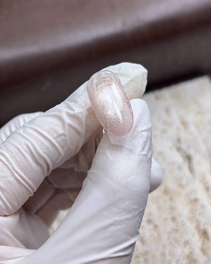 Una mano con i guanti che applica uno strato spesso di top coat opaco su ununghia glitterata cat-eye.