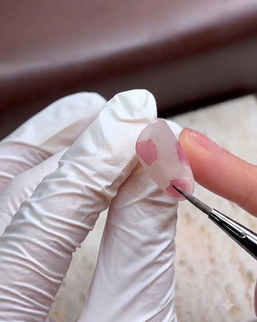 Un pennello fine che tampona il pigmento acquerello rosa su ununghia per creare blocchi di colore tenui.