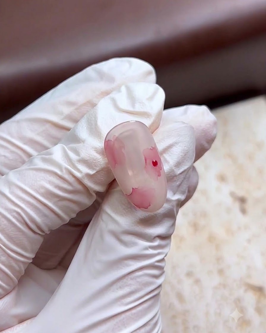 Un pennello fine per nail art che dipinge un delicato centro di fiore a forma di numero sei su ununghia ad acquerello.