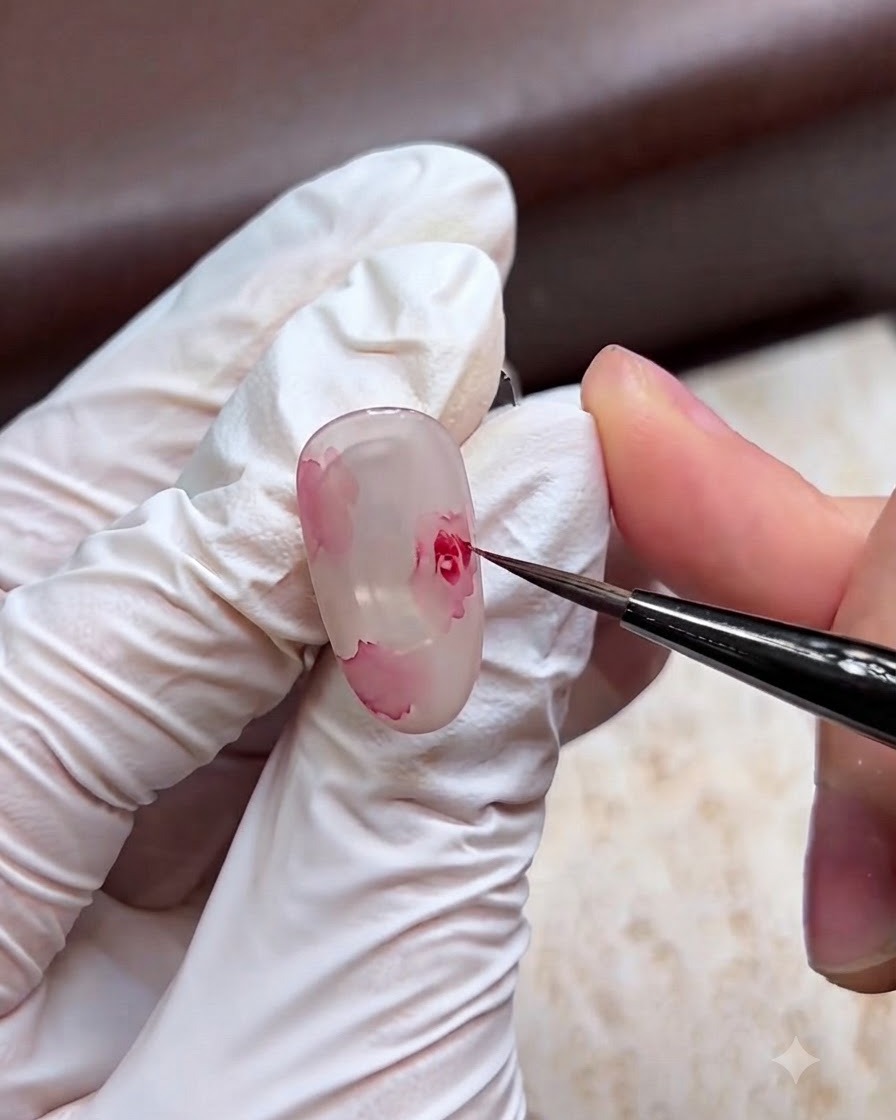 Primo piano di una mano con i guanti che usa un pennello fine per dipingere petali di rosa rosa su ununghia traslucida color latte.