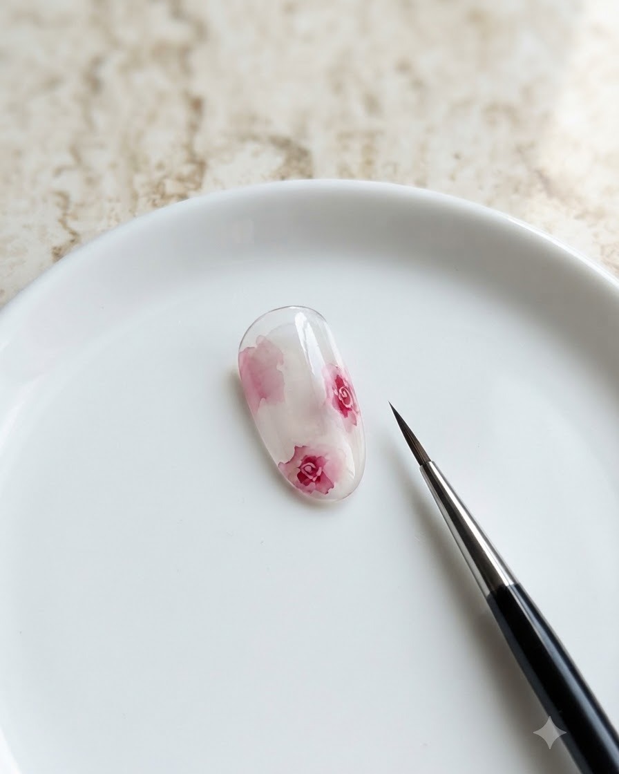 Un singolo chiodo a mandorla appoggiato su una superficie bianca, con molteplici fiori di rosa ad acquerello.