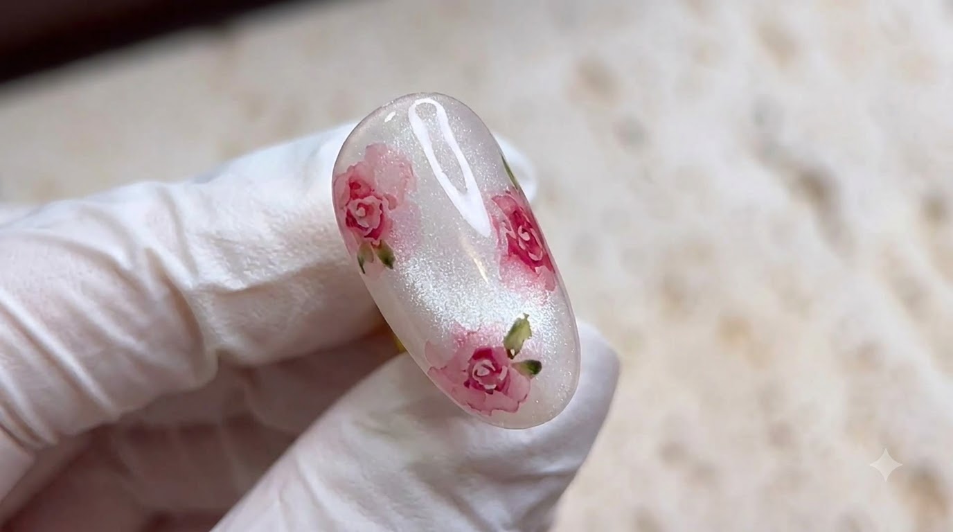 Tutorial di Nail Art con Rose Acquerello — Delicato Design Effetto Occhio di Gatto e Perla di Vetro