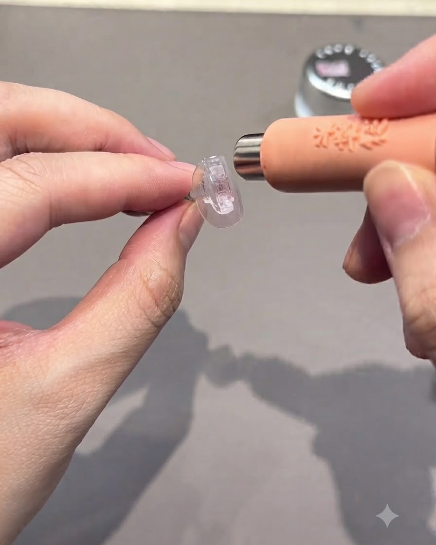 Mani che tengono un supporto trasparente per unghie mentre uno strumento a bacchetta magnetica viene posizionato vicino alla superficie.