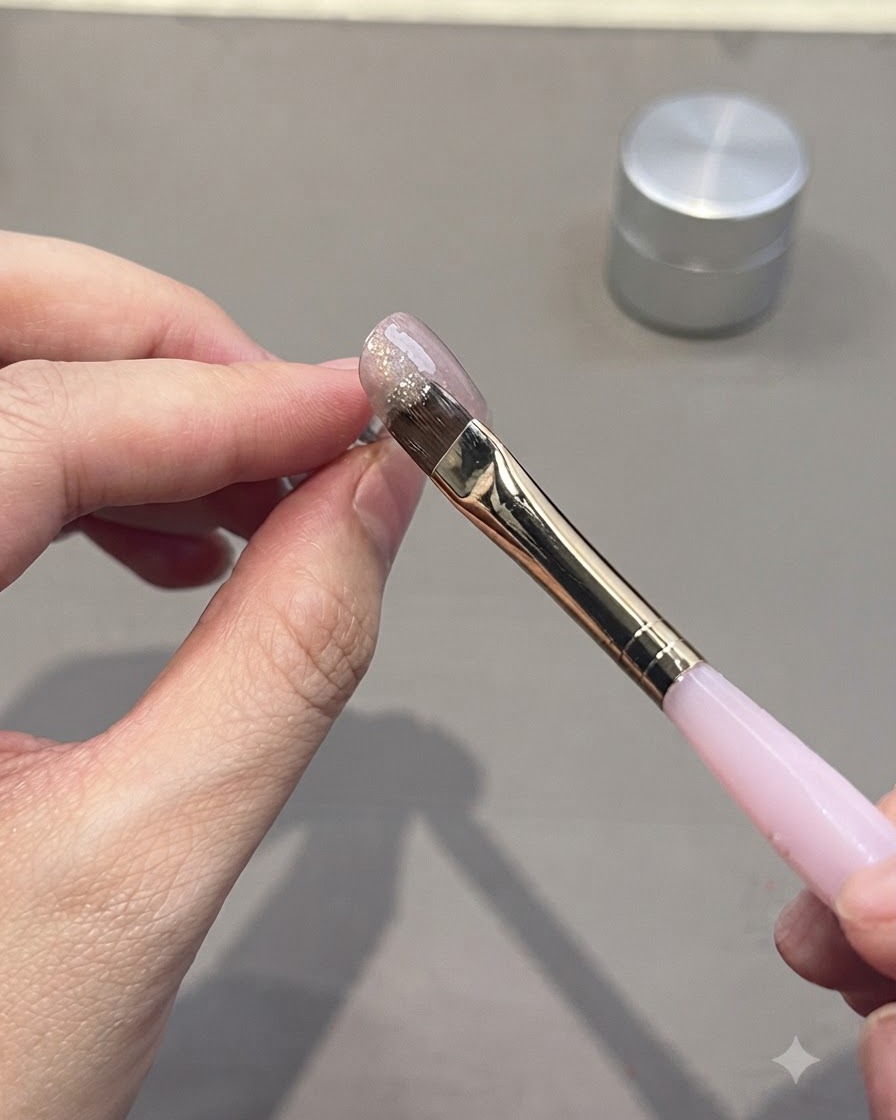 Un pennello per nail art che applica uno strato uniforme di gel su una tip per unghie.