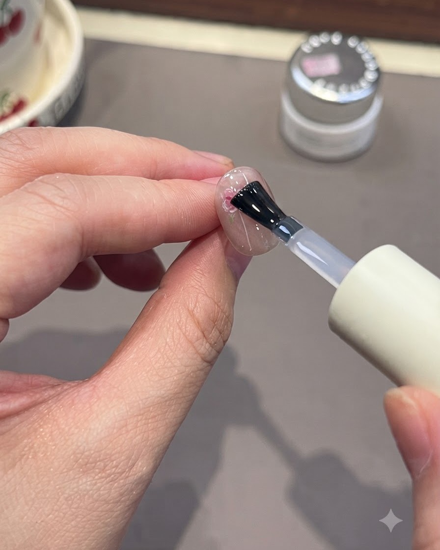 Un pennello per unghie che applica un top coat trasparente su ununghia con decorazioni di rose rosa dipinte.