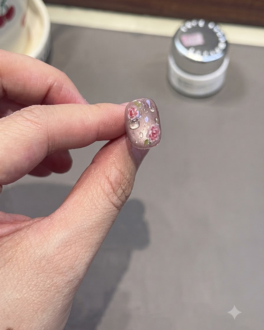 Ununghia finita che mostra effetti di gocce di rugiada 3D su un design floreale.