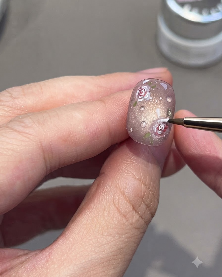 Un pennello per dettagli fini che dipinge delicate rose bianche su una superficie dunghia lucida finita.