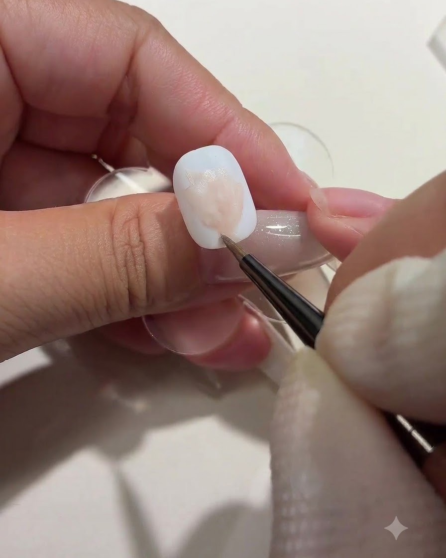 Una nail artist che usa un pennello per stendere blocchi di colore rosa tenue che rappresentano forme di rose non rifinite su ununghia bianca.