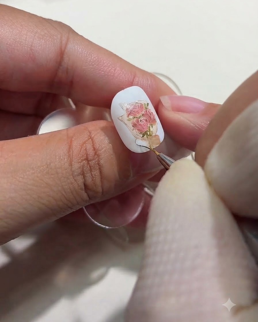Una vista in primo piano di un pennello fine per nail art che dipinge un delicato nastro marrone alla base di un bouquet di rose dipinto su ununghia.