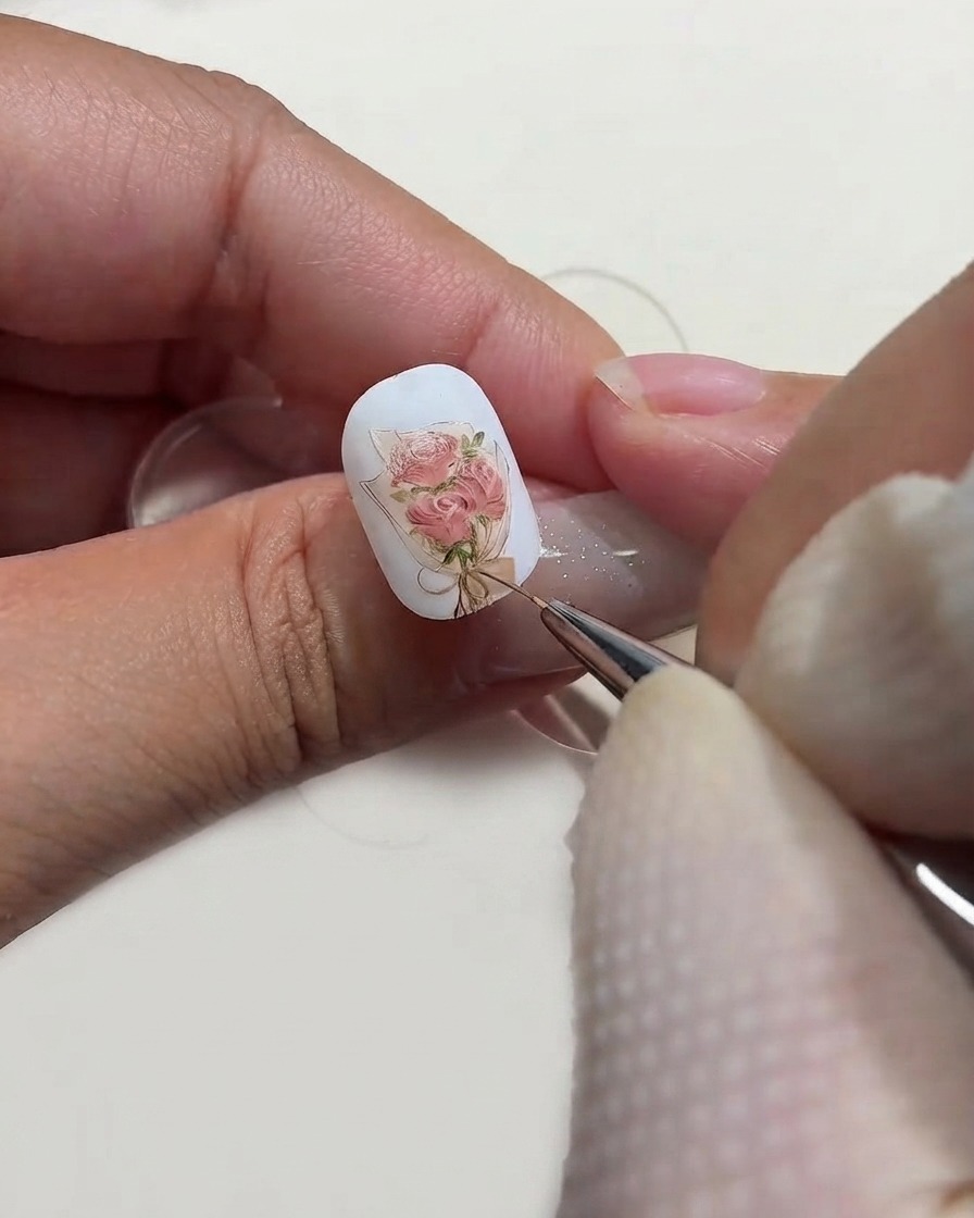 Un pennello per dettagli fini che applica piccoli punti di luce bianchi sui petali di un design di nail art con bouquet di rose dipinte.