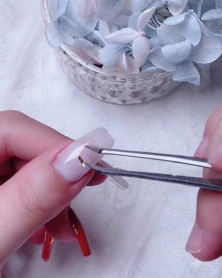 Primo piano di ununghia del pollice mentre riceve una mano uniforme di gel base bianco latte.