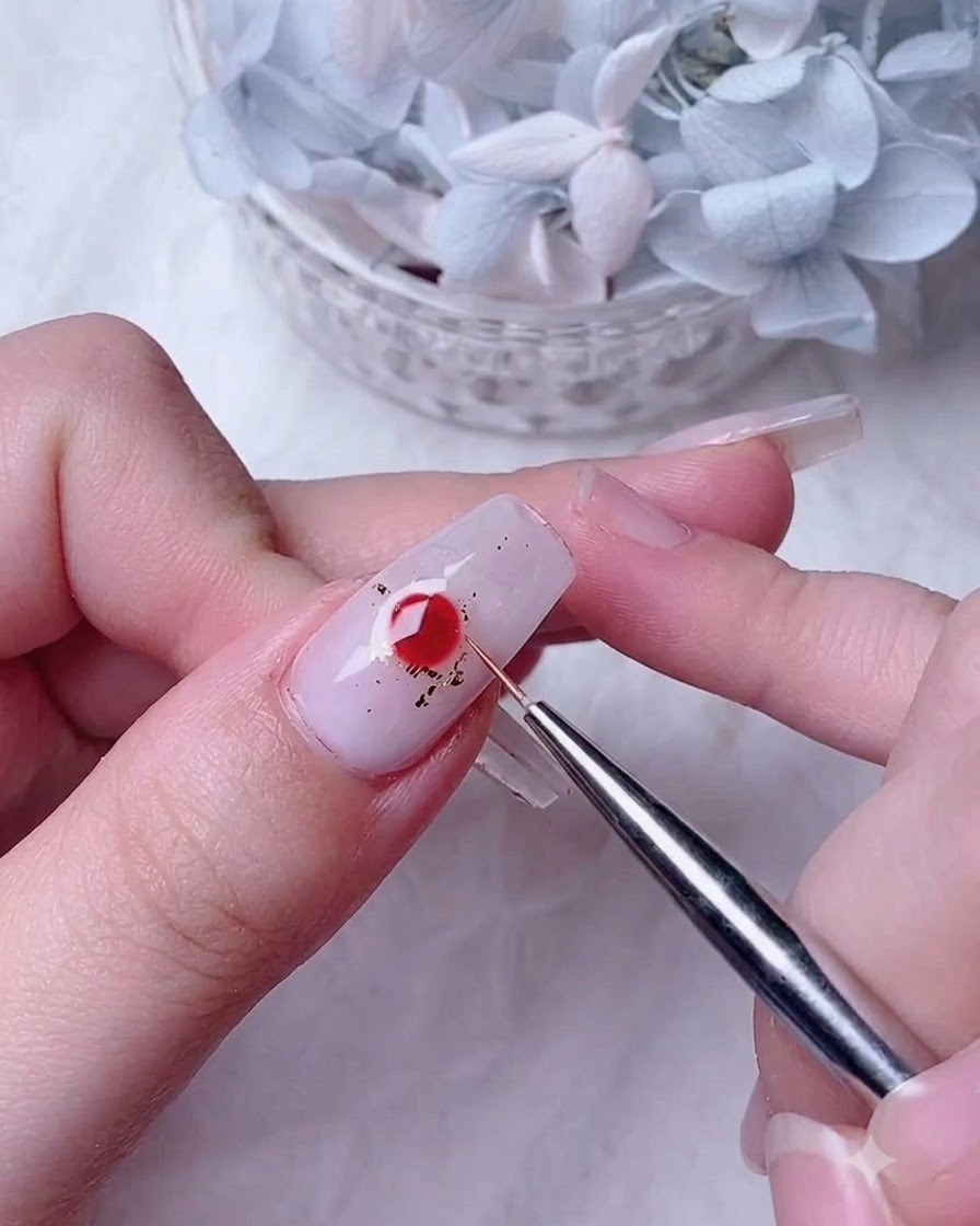 Un pennello da nail art che applica una mano trasparente di blooming gel sopra lunghia contenente scaglie di lamina doro.