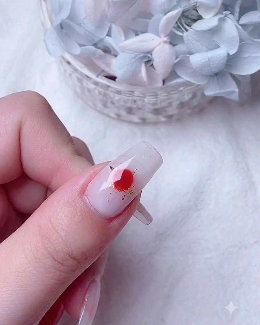 Un pennello da dettagli fini che fa cadere gel rosso vivace sul blooming base umido per creare forme di petali in espansione.