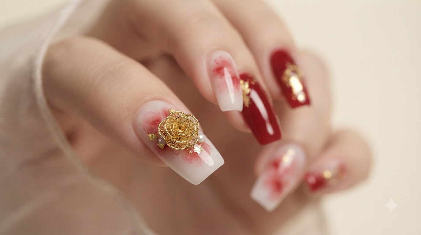 Nail Art confetto di rosa in filo d'oro e acquerello — Tutorial passo dopo passo