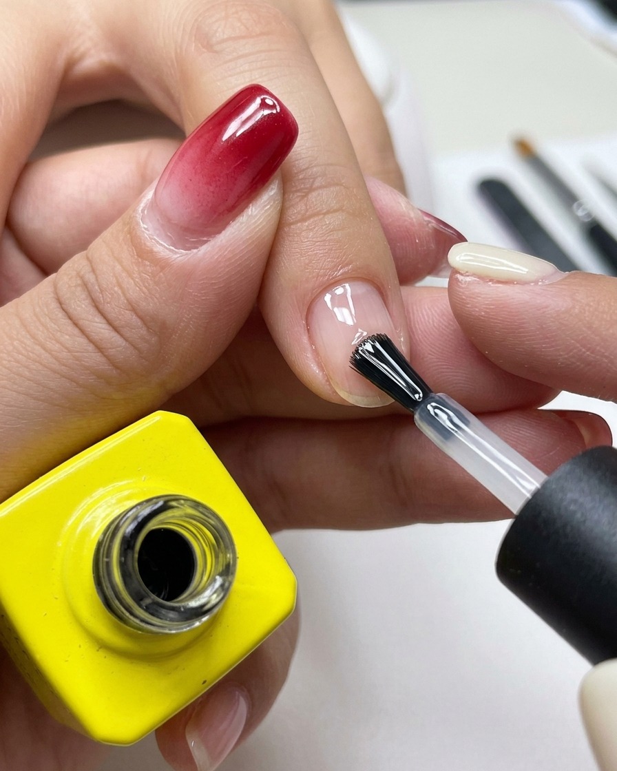 Un pennello da unghie professionale che applica una base coat trasparente e lucida su ununghia naturale pulita.