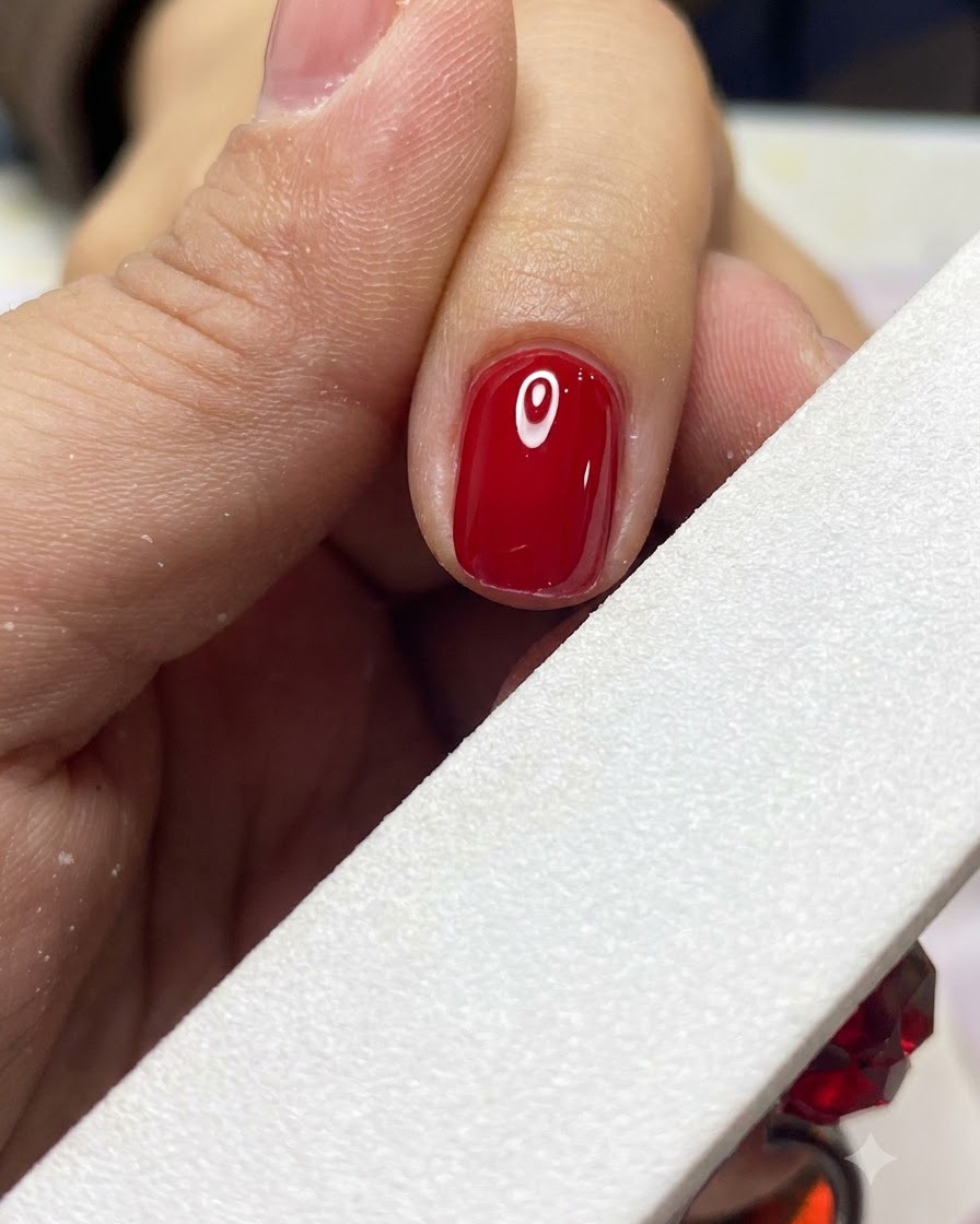 Una lima per unghie bianca che modella e lima delicatamente il bordo di ununghia con semipermanente rosso completata.