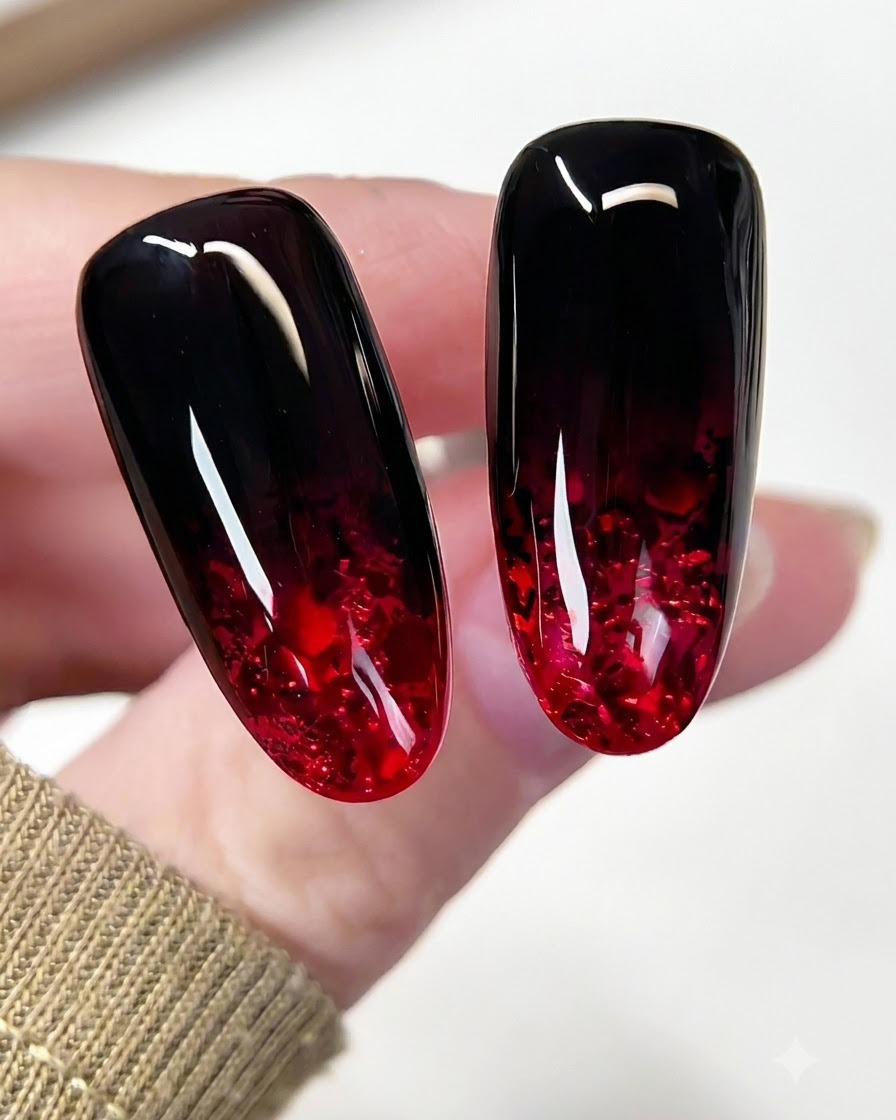 Un pennello che fa scorrere un top coat lucido sullintera superficie dellunghia rubino finita.