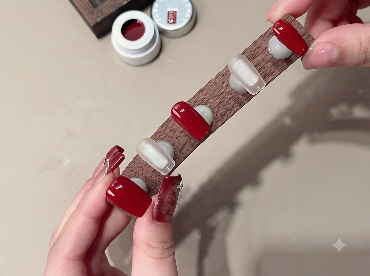 Un supporto con tip trasparenti su cui è applicato il gel cat-eye beige cipria.